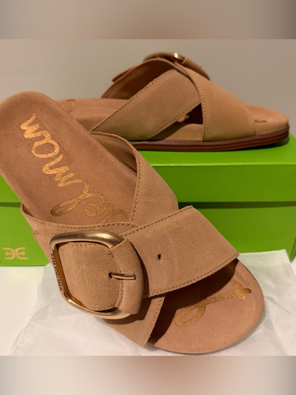 Sam Edelman Camel Suede Buckle Slide Mules
